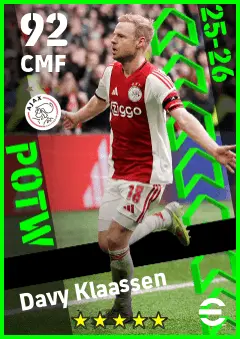 Davy Klaassen eFootball 2026 player card — 92 OVR CMF