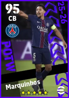 Marquinhos eFootball 2026 player card — 95 OVR CB