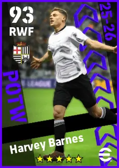 Harvey Barnes eFootball 2026 player card — 93 OVR RWF