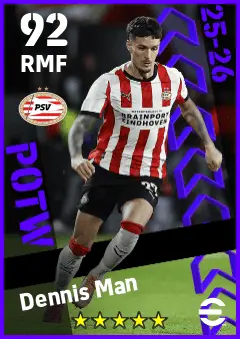 Dennis Man eFootball 2026 player card — 92 OVR RMF