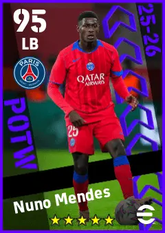 Nuno Mendes eFootball 2026 player card — 95 OVR LB