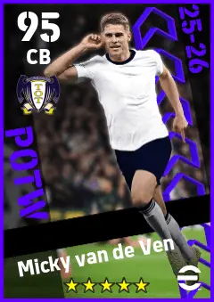 Micky van de Ven eFootball 2026 player card — 95 OVR CB