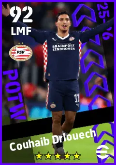 Couhaib Driouech eFootball 2026 player card — 92 OVR LMF