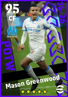 Mason Greenwood eFootball 2026 player card — 95 OVR CF