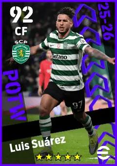 Luis Suarez eFootball 2026 player card — 92 OVR CF