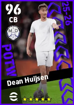 Dean Huijsen eFootball 2026 player card — 96 OVR CB