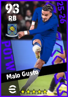 Malo Gusto eFootball 2026 player card — 93 OVR RB