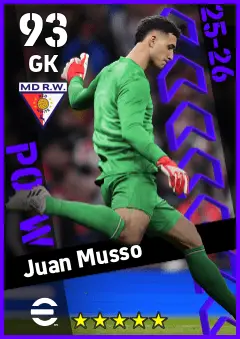 Juan Musso eFootball 2026 player card — 93 OVR GK