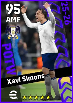 Xavi Simons eFootball 2026 player card — 95 OVR AMF