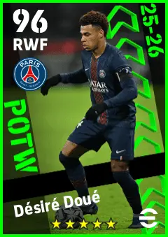 Desire Doue eFootball 2026 player card — 96 OVR RWF