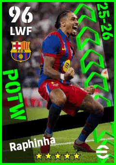 Raphinha eFootball 2026 player card — 96 OVR LWF