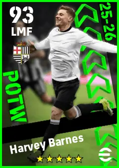 Harvey Barnes eFootball 2026 player card — 93 OVR LMF