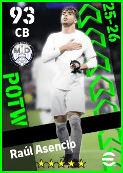 Raul Asencio eFootball 2026 player card — 93 OVR CB