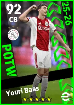 Youri Baas eFootball 2026 player card — 92 OVR CB