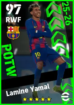 Lamine Yamal eFootball 2026 player card — 97 OVR RWF