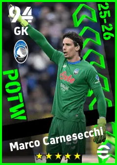 Marco Carnesecchi eFootball 2026 player card — 94 OVR GK