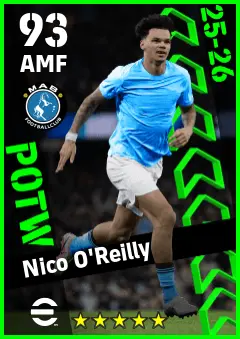 Nico O Reilly eFootball 2026 player card — 93 OVR AMF