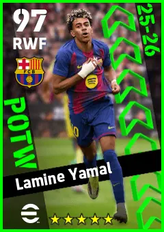 Lamine Yamal eFootball 2026 player card — 97 OVR RWF