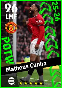 Matheus Cunha eFootball 2026 player card — 96 OVR LMF