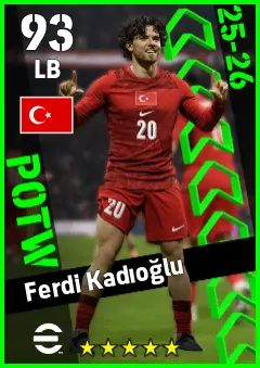 Ferdi Kadioglu eFootball 2026 player card — 93 OVR LB