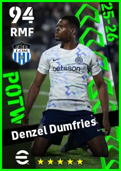 Denzel Dumfries eFootball 2026 player card — 94 OVR RMF