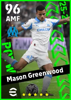 Mason Greenwood eFootball 2026 player card — 96 OVR AMF