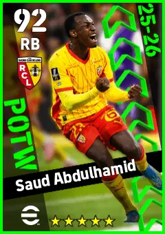 Saud Abdulhamid eFootball 2026 player card — 92 OVR RB