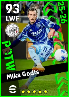 Mika Godts eFootball 2026 player card — 93 OVR LWF