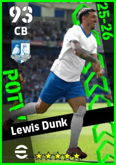 Lewis Dunk eFootball 2026 player card — 93 OVR CB
