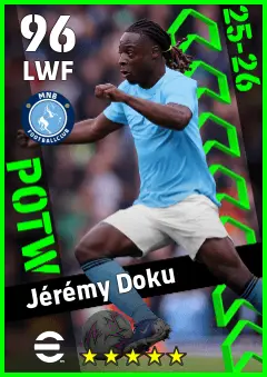 Jeremy Doku eFootball 2026 player card — 96 OVR LWF