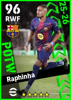 Raphinha eFootball 2026 player card — 96 OVR RWF