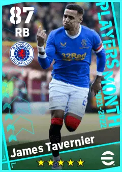 James Tavernier eFootball 2026 player card — 87 OVR RB