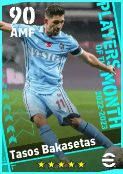 Tasos Bakasetas eFootball 2026 player card — 90 OVR AMF