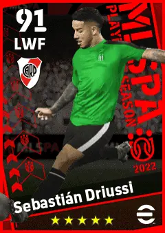 Sebastian Driussi eFootball 2026 player card — 91 OVR LWF