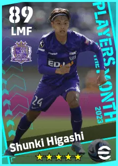 Shunki Higashi eFootball 2026 player card — 89 OVR LMF