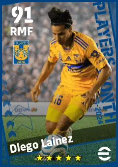 Diego Lainez eFootball 2026 player card — 91 OVR RMF