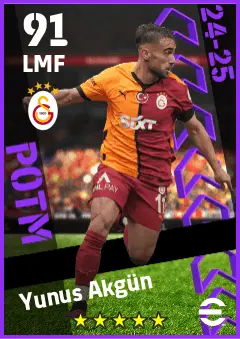 Yunus Akgun eFootball 2026 player card — 91 OVR LMF