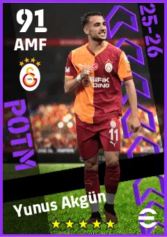 Yunus Akgun eFootball 2026 player card — 91 OVR AMF