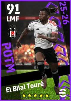 El Bilal Toure eFootball 2026 player card — 91 OVR LMF