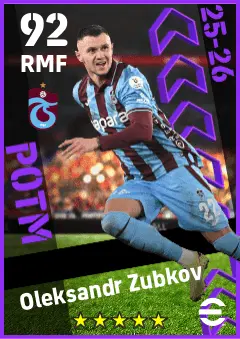 Oleksandr Zubkov eFootball 2026 player card — 92 OVR RMF