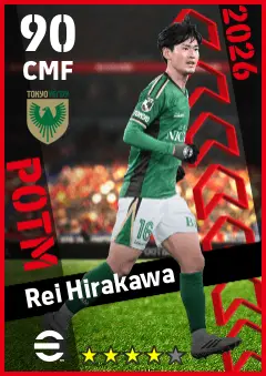 Rei Hirakawa eFootball 2026 player card — 90 OVR CMF