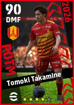 Tomoki Takamine eFootball 2026 player card — 90 OVR DMF