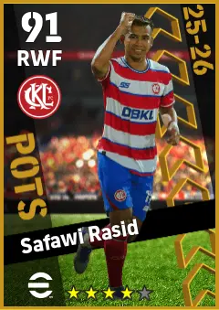 Safawi Rasid eFootball 2026 player card — 91 OVR RWF
