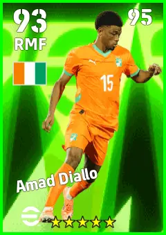 Amad Diallo eFootball 2026 player card — 93 OVR RMF