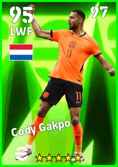 Cody Gakpo eFootball 2026 player card — 95 OVR LWF