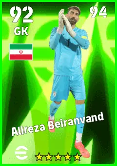 Alireza Beiranvand eFootball 2026 player card — 92 OVR GK