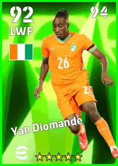 Yan Diomande eFootball 2026 player card — 92 OVR LWF
