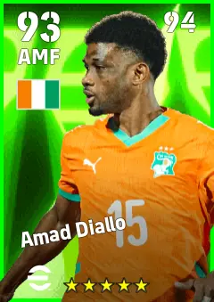Amad Diallo eFootball 2026 player card — 93 OVR AMF