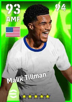 Malik Tillman eFootball 2026 player card — 93 OVR AMF