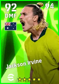 Jackson Irvine eFootball 2026 player card — 92 OVR DMF